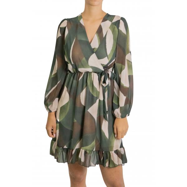 Vestito scollo a V fantasia con cinta laterale 